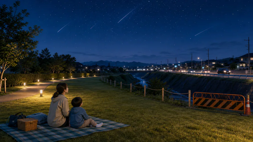 道路や水辺から離れた平らな場所で大人と子どもが流星群を観察する様子