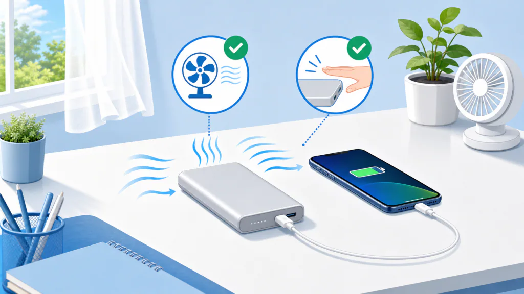 硬く平らで風通しのよい机の上でモバイルバッテリーを充電している様子