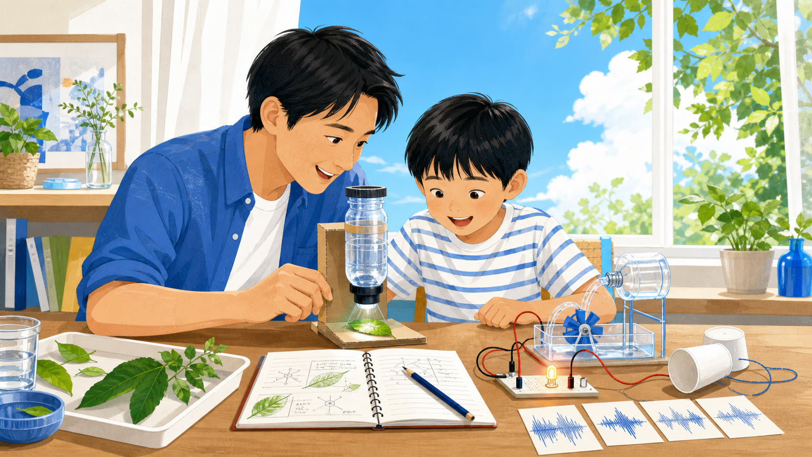 親子で夏休みの科学実験と自由研究を楽しむ様子