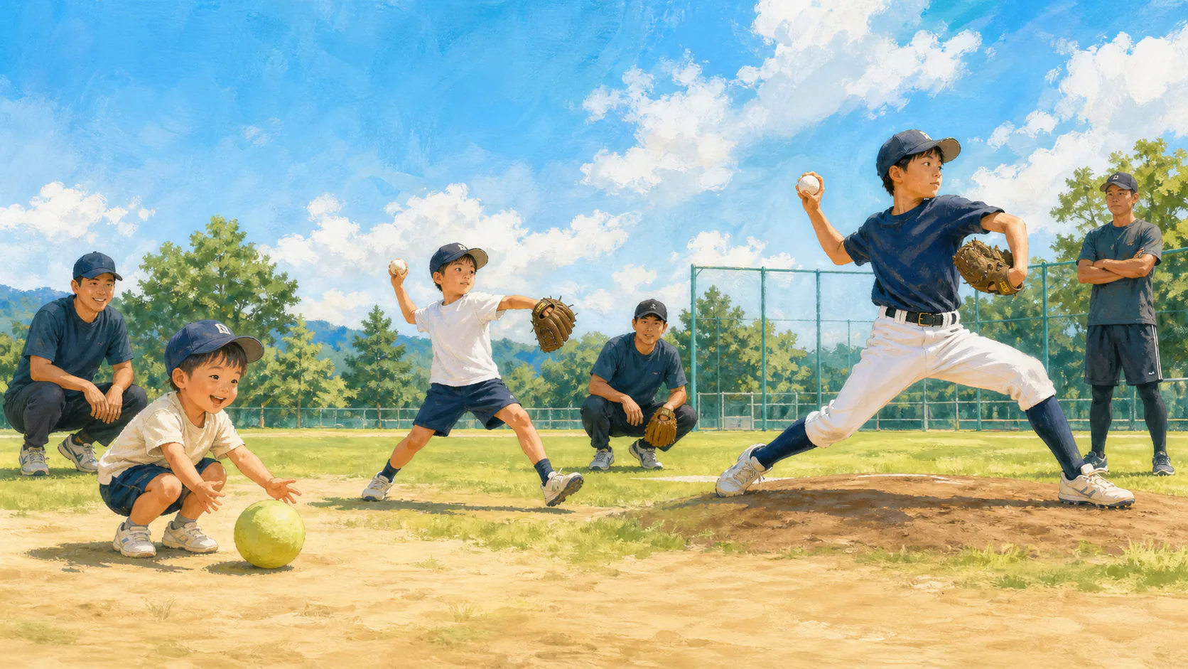 初心者・基礎・専門練習の3段階を表した野球練習のAI生成イメージ