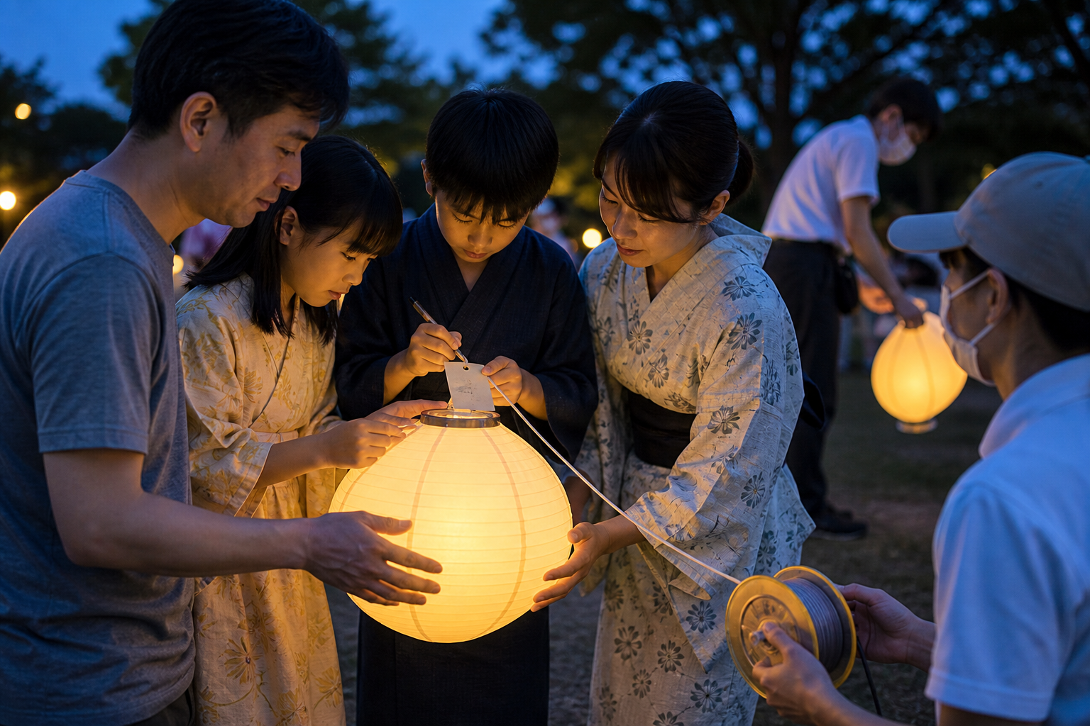家族で共有するLEDランタンと回収用のひもを扱うスタッフ