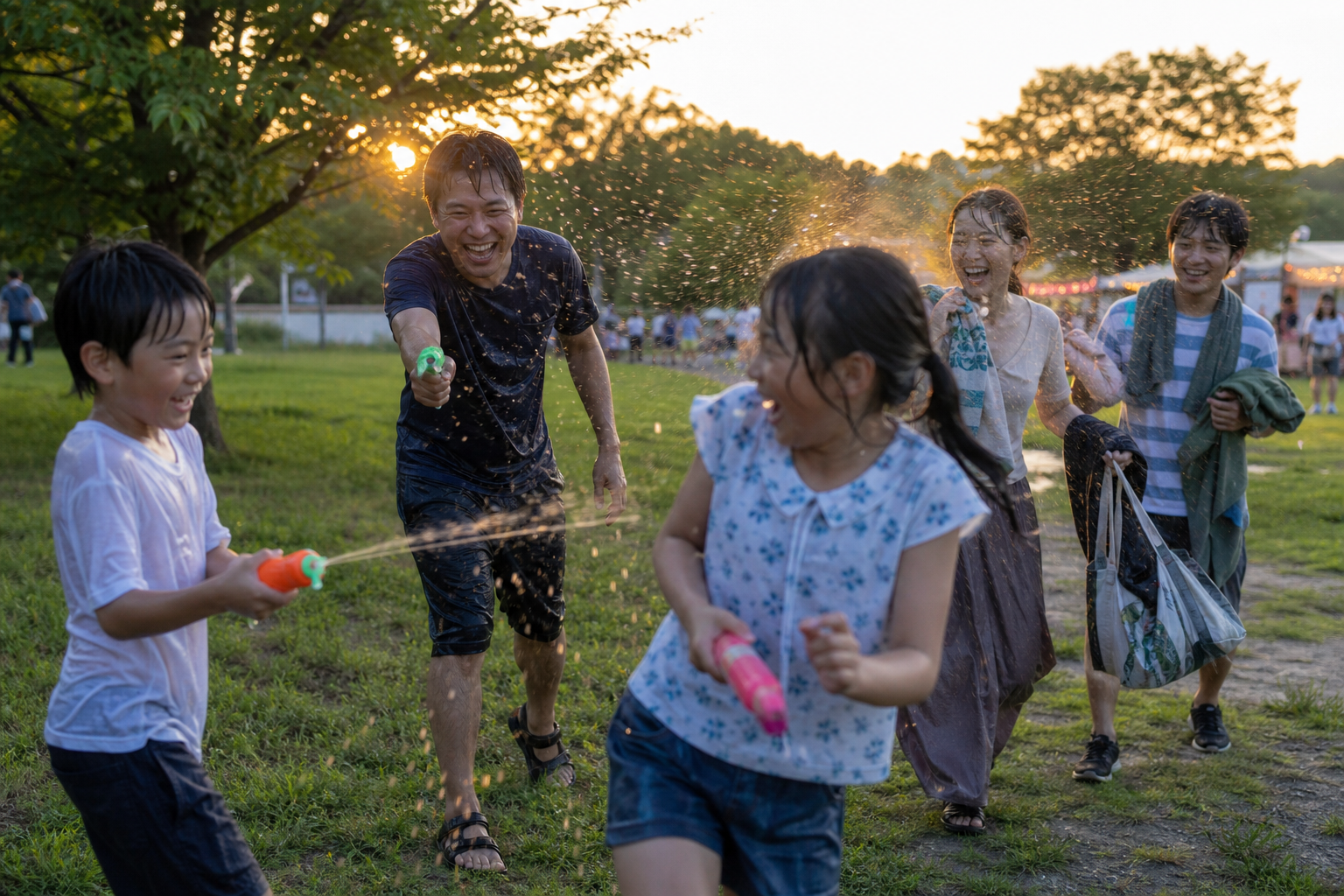 夕暮れの公園で水鉄砲を楽しみ、夜の祭りに備える家族と友人