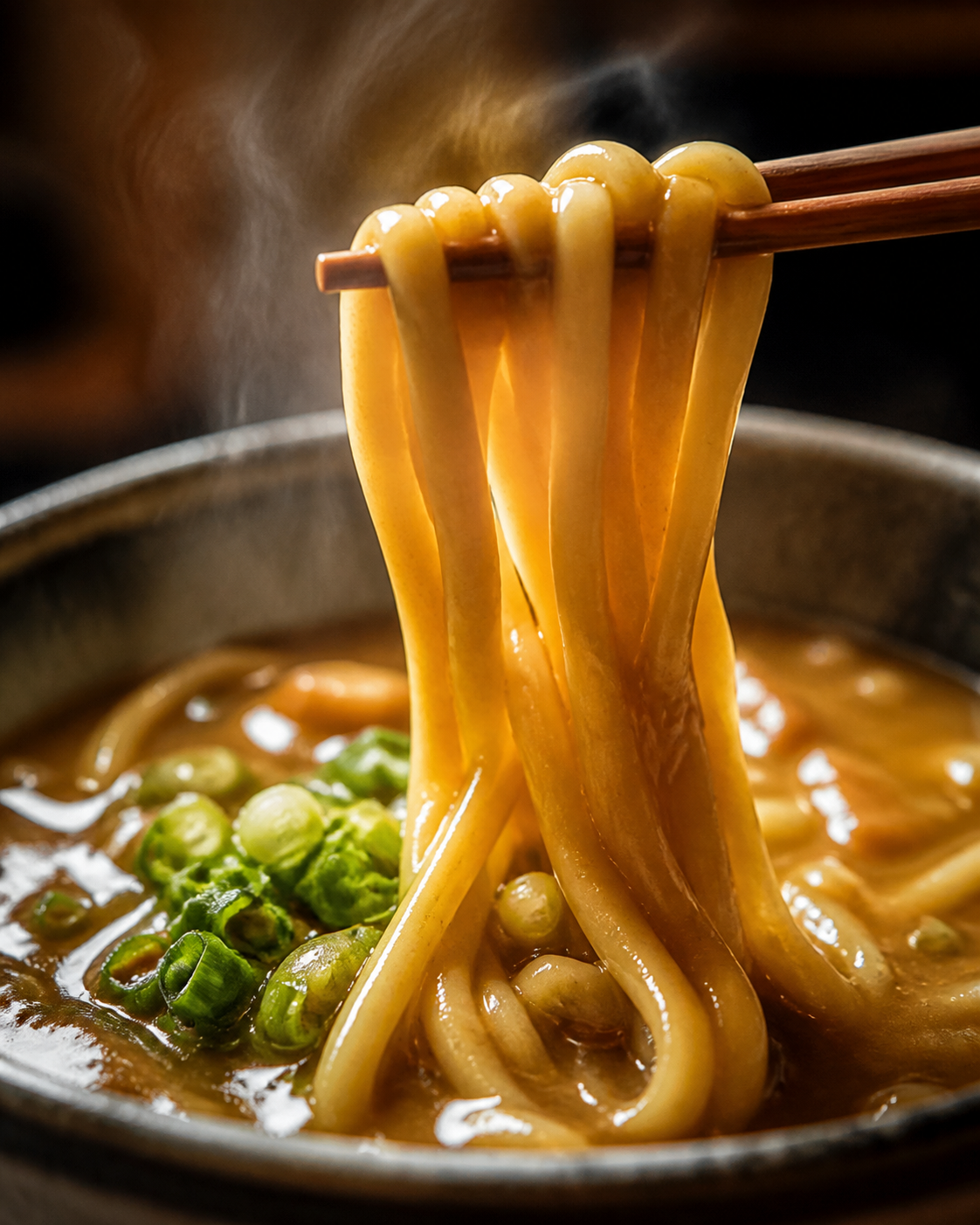 箸で持ち上げた太い麺と湯気の立つカレーうどんのイメージ
