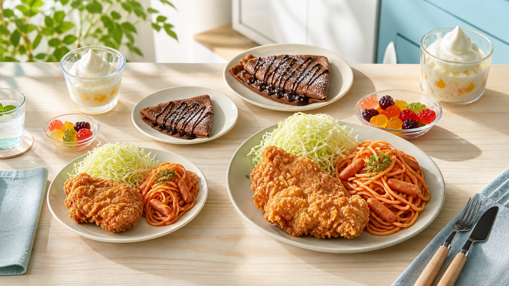 増量企画をイメージした、料理とデザートが並ぶ明るい食卓