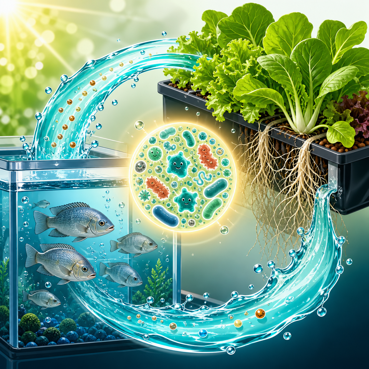 魚、微生物、植物を水が巡る仕組みを表したAI生成イメージ
