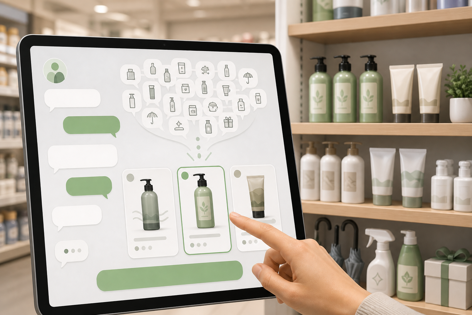タブレットの対話画面で多数の日用品から3つの候補を絞り店頭商品を指さすAI生成イメージ
