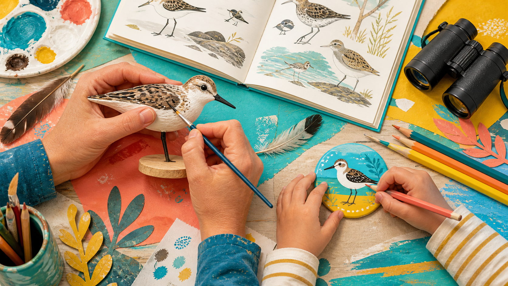 親子で小鳥のクラフトを作り野鳥図鑑を開く場面を描いたAI生成イメージ