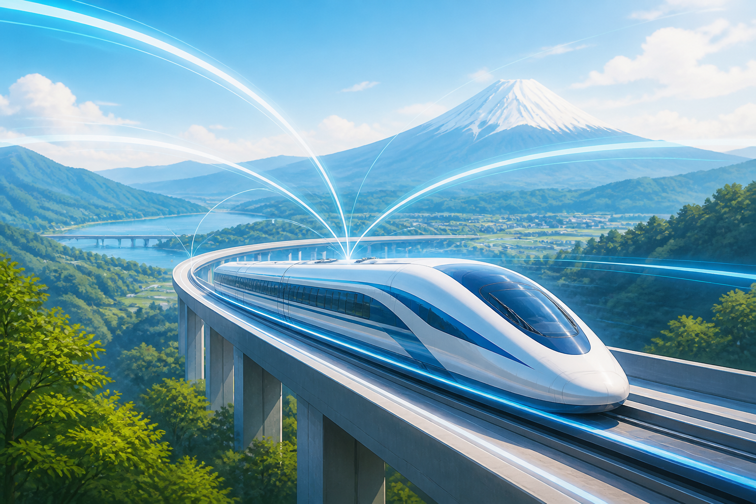 山あいのガイドウェイを走る超電導リニアを描いたAI生成のコンセプトイラスト