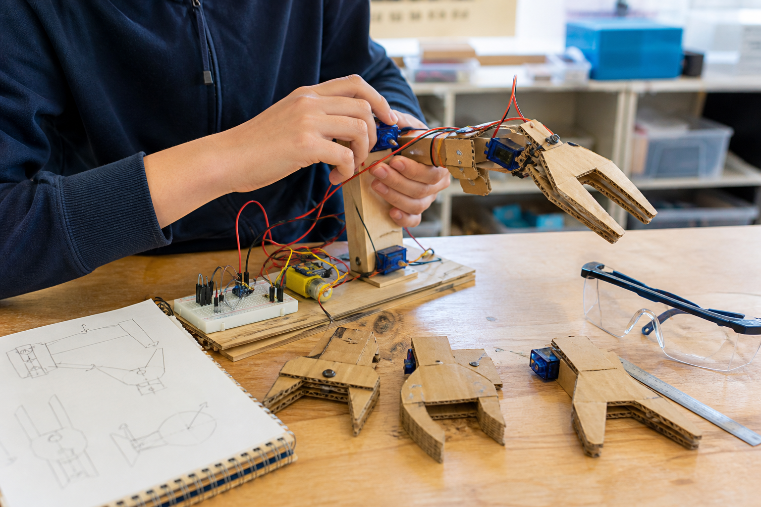 複数の試作グリッパーを横に置き段ボール製ロボットアームを調整する学生のAI生成イメージ