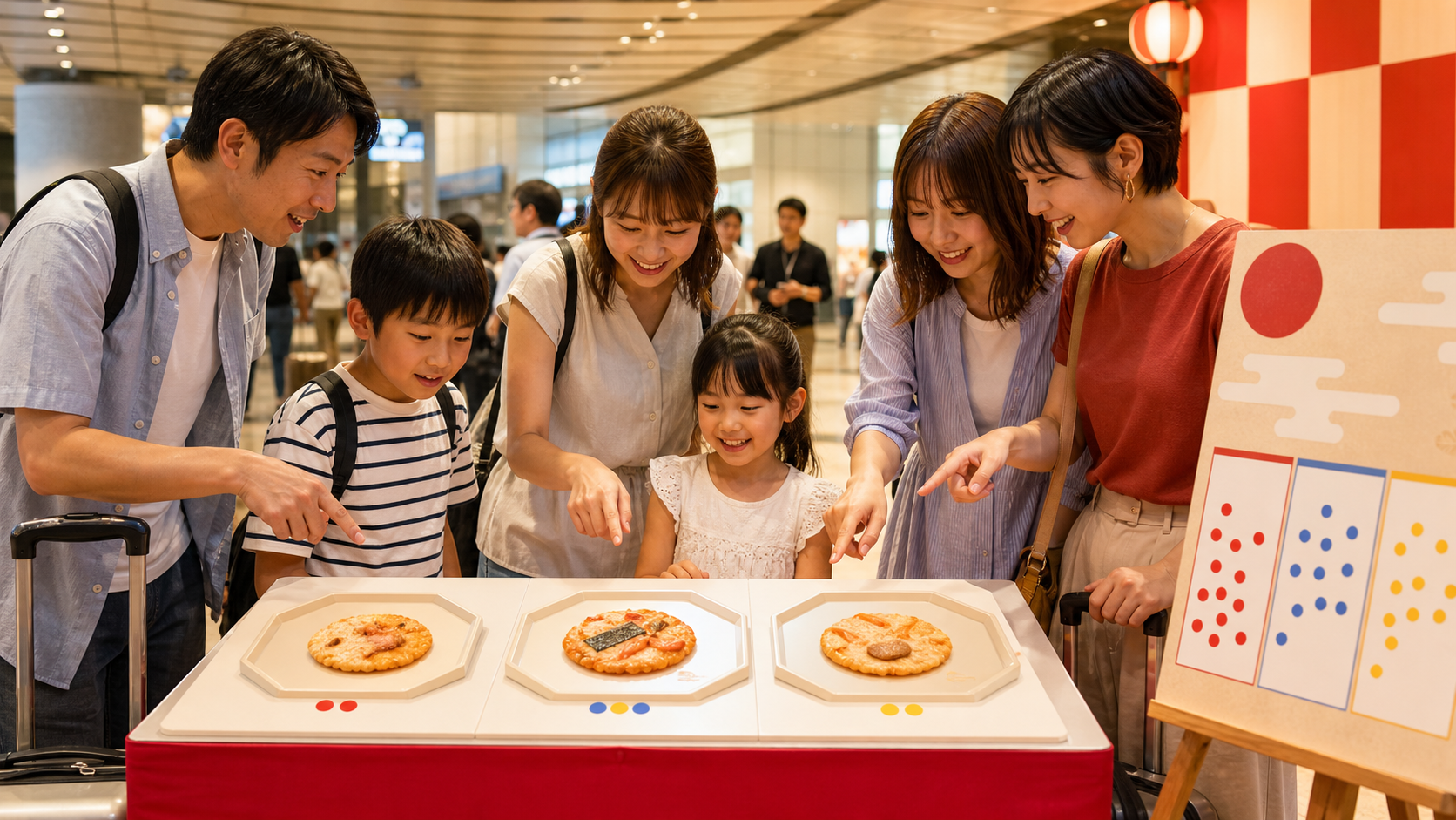 博多駅のイベント会場で家族や友人が三つの味の海鮮せんべいを比べるイメージ