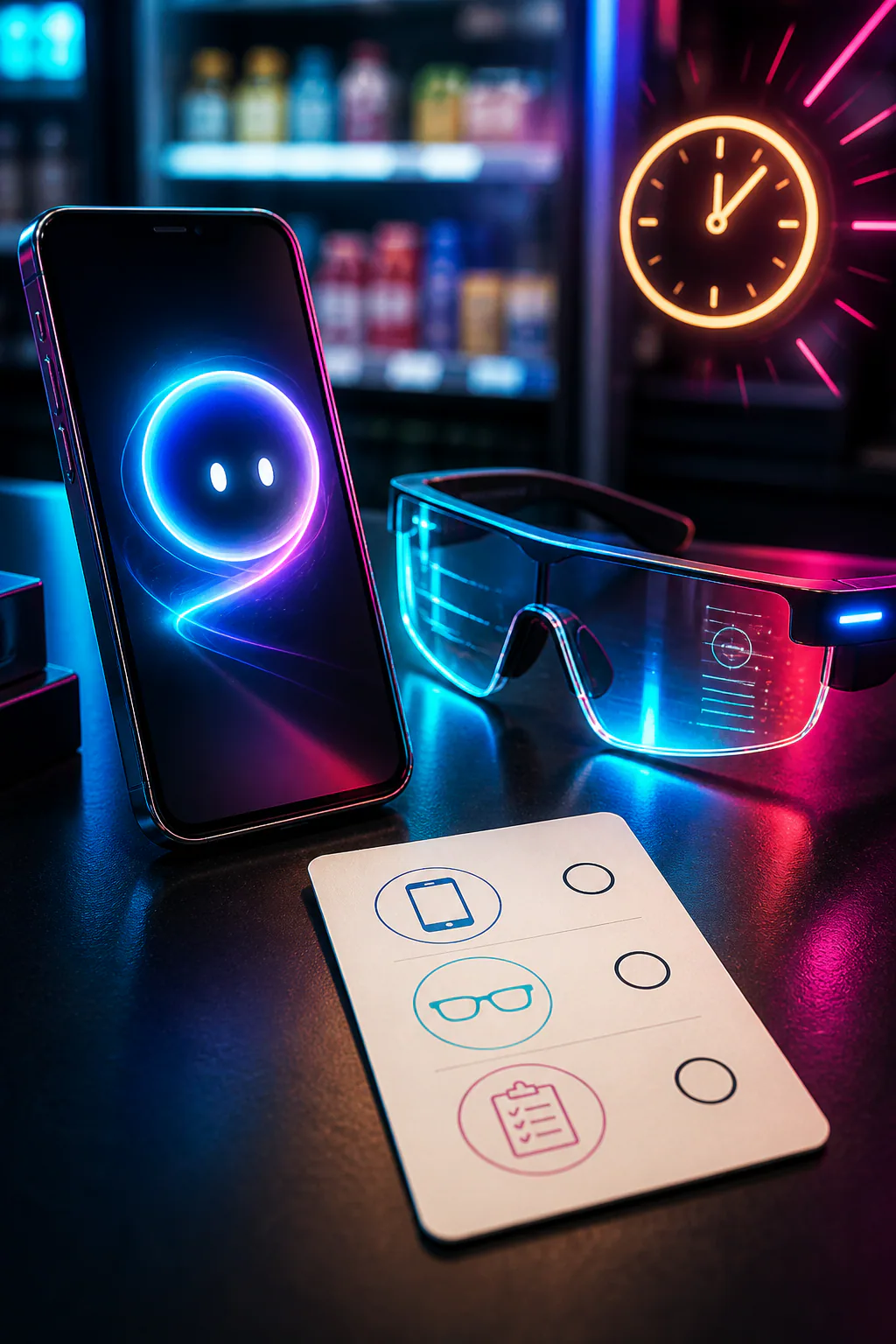 AIアシスタントを表示したスマートフォンとAIグラス、確認カードを描いたAI生成イメージ