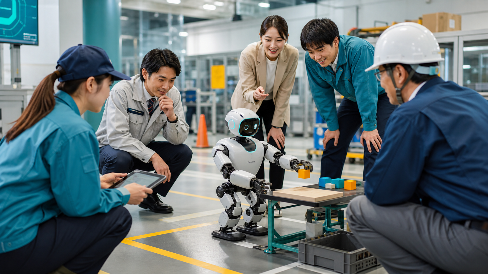 社員が人型ロボットへ仕事を教える様子を描いたイメージ