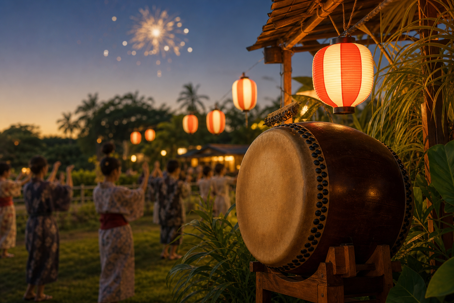 夕暮れの提灯と和太鼓、踊りの練習風景を描いたイメージ
