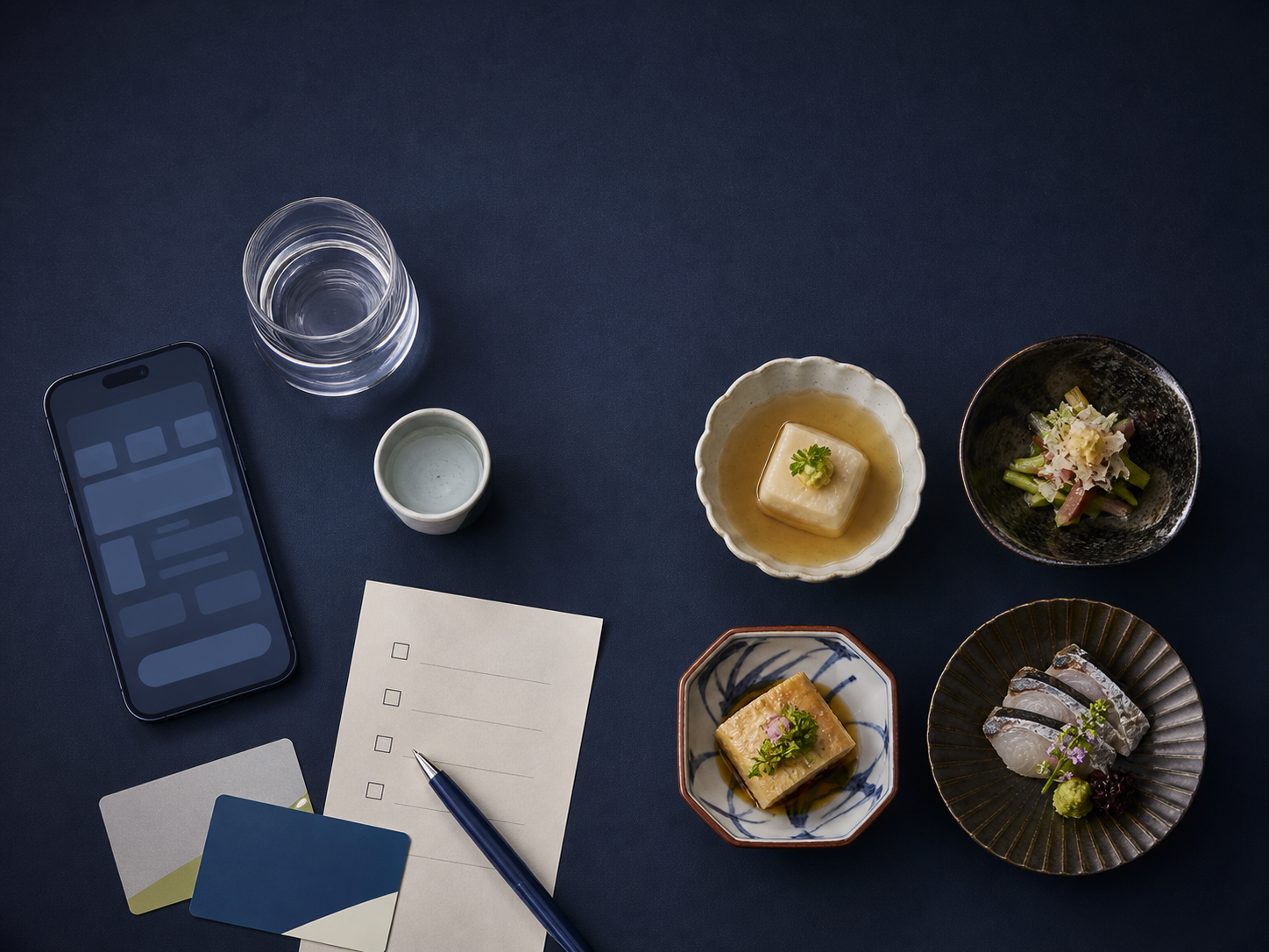 予約画面、公共交通のカード、水、日本酒と4品の料理を並べた計画イメージ