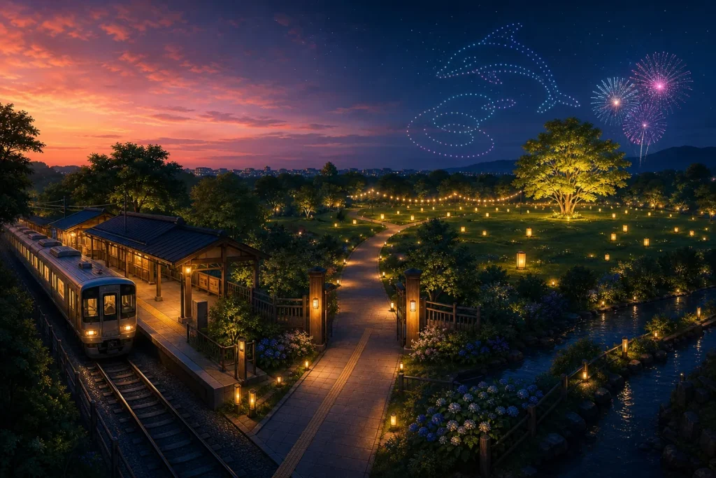 無地の列車と公園入口から光の広場へ続く道を描いたオリジナルイラスト
