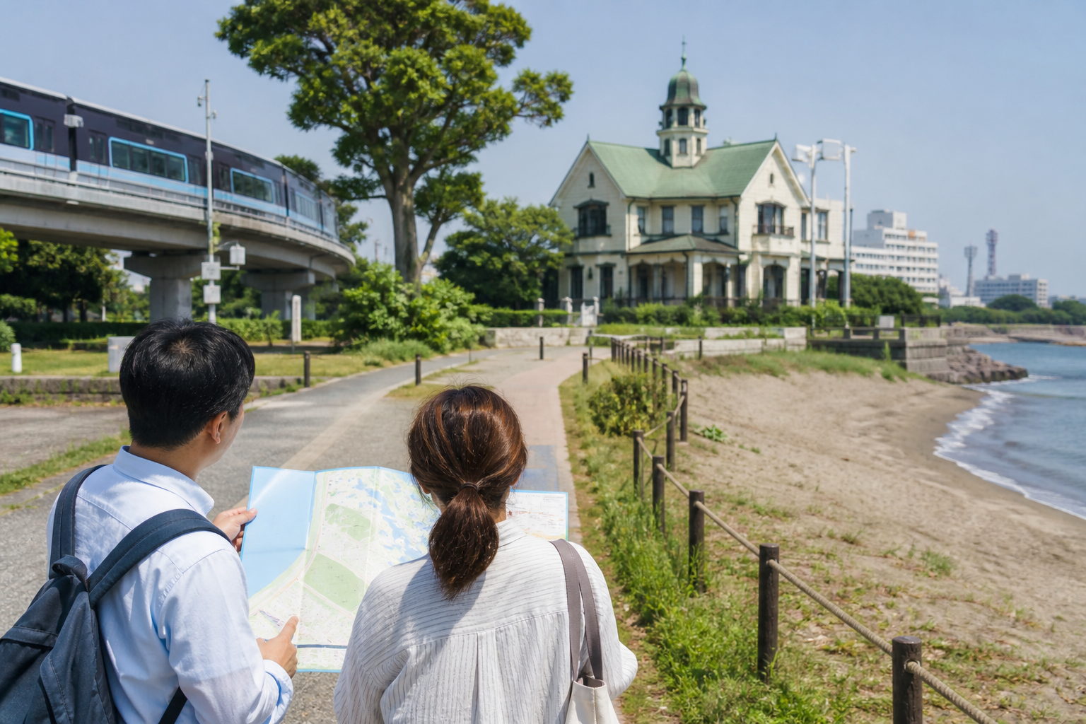 海辺の公園で地図を見ながら洋館への道を選ぶ二人を描いたAI生成イメージ