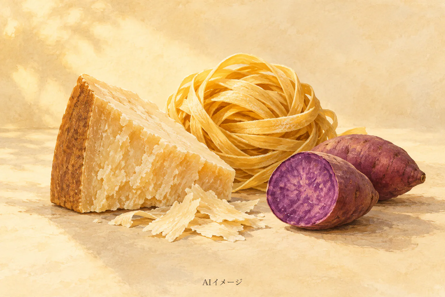 チーズ、パスタ、紫芋を描いたAI材料イメージ。実際の料理写真ではありません。