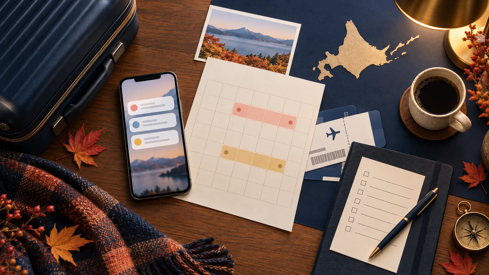 スマートフォン、カレンダー、旅行かばん、チェックリストを並べた応募準備のイメージ