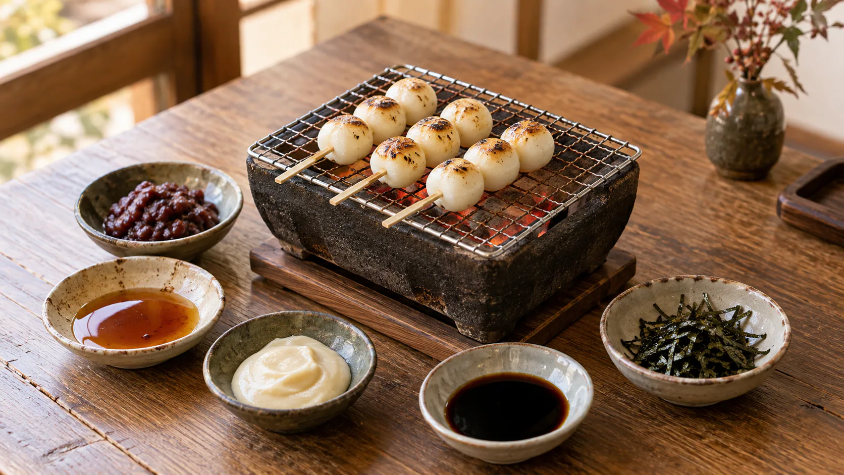 卓上の小さな焼き台で白い団子を焼き、餡や醤油、海苔などを添えた編集部制作のイメージ